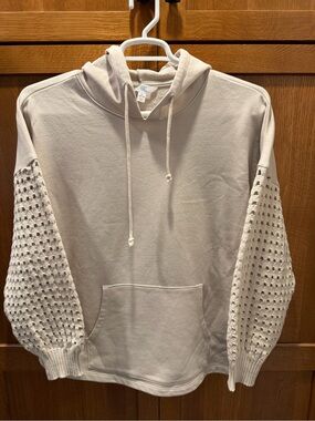 Time and Tru Neutral Knit-Sleeve Hoodie with Drawstring